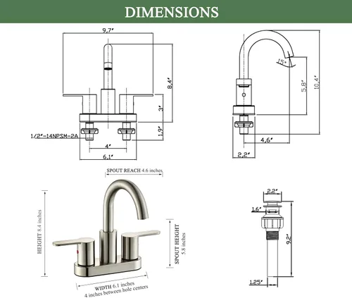 Miniatura 6 de TimeArrow Grifo de Lavabo de Baño Centerset de 2 Manijas Níquel Cepillado con Ensamblaje de Desagüe, Arco Alto Moderno de 4 Pulgadas Grifo de Níquel