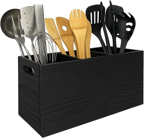 Miniatura 10 de Organizador de utensilios de madera para mostrador, organizador grande de utensilios de madera para encimera, almacenamiento de herramientas