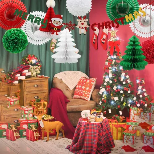 Miniatura 4 de Cartel y pompones de Feliz Navidad, abanicos de papel y faroles para Navidad, decoración de fiestas para Navidad, suministros de fiesta de Año Nuevo