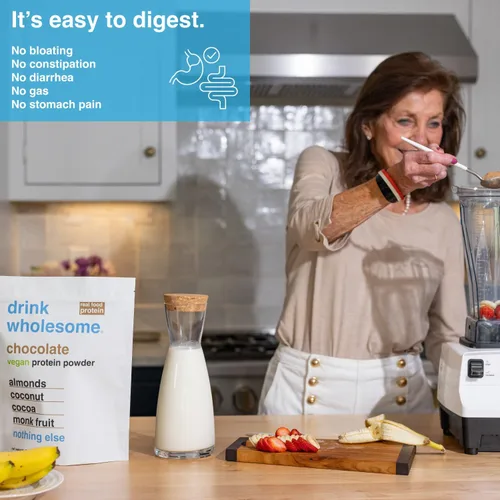 Miniatura 2 de drink wholesome Proteína vegana de almendras de chocolate en polvo para estómagos sensibles Proteína integral mínimamente procesada Sin