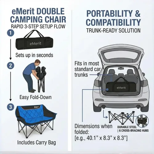 Miniatura 5 de EMERIT Silla de Camping Doble Extra Grande Acolchada para Adultos, Sillón Plegable Resistente para Exterior, Camping, Playa, Césped, Concierto 650LB