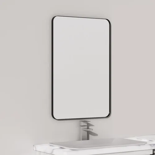 VocalStar - Espejo de baño con marco de metal negro para pared, espejo de tocador de baño redondo rectangular mate de 16 x 24 pulgadas con marco