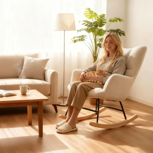 Miniatura 4 de DUMOS Mecedora con respaldo alto, silla deslizadora tapizada de lectura para interiores con asiento cómodo, balancín deslizante para dormitorio