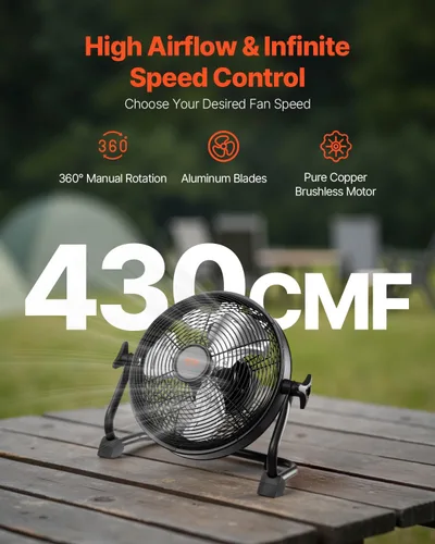 Miniatura 2 de VEVOR Ventilador de piso recargable de 10 pulgadas operado por batería para camping, ventilador portátil de alta velocidad para exteriores con marco