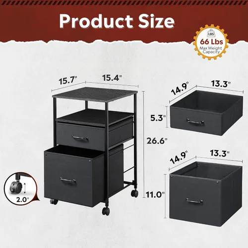 Miniatura 3 de DEVAISE Archivador móvil de 2 cajones, soporte de impresora rodante con estante de almacenamiento abierto, archivador vertical de tela