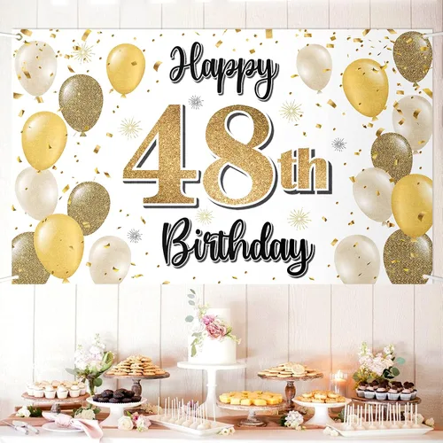 Miniatura 50 de Decoraciones de Feliz Cumpleaños 100, Globo Dorado Grande 100 Pancarta de Cumpleaños Telón de Fondo Letrero - Salud por 100 Años Suministros