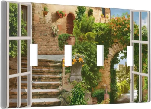 Miniatura 26 de Cubierta de placa de pared con palmera verde de planta tropical, cubierta de interruptor de luz de 1 cuadrilla, hojas de plátano, flores rosas