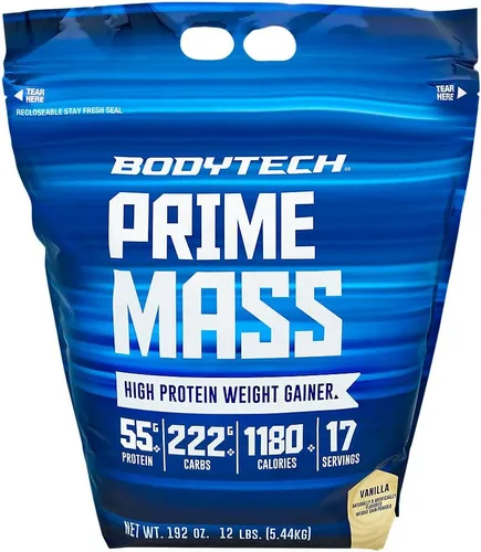 BodyTech Prime Mass - Ganador de masa alto en calorías - Apoya el crecimiento muscular y el aumento de peso - Vainilla (12 libras, 17 porciones)
