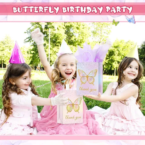 Miniatura 3 de Leinuosen 16 juegos de bolsas de regalo de mariposa para fiestas, bolsas de regalo de mariposa con papel de seda, bolsas de regalo florales rosas