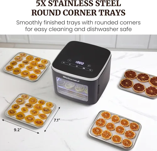Miniatura 6 de Elite Gourmet EFD809D Deshidratador de Alimentos con 5 Bandejas de Acero Inoxidable, Temperatura y Tiempo Ajustables + Mantener Caliente, Incluye
