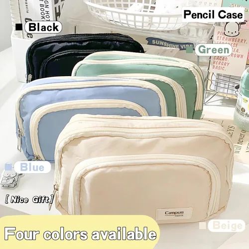 Miniatura 6 de LSLSHY Estuche grande de tres capas con cremallera para lápices, suministros de papelería para adolescentes, niñas, niños y estudiantes (beige)