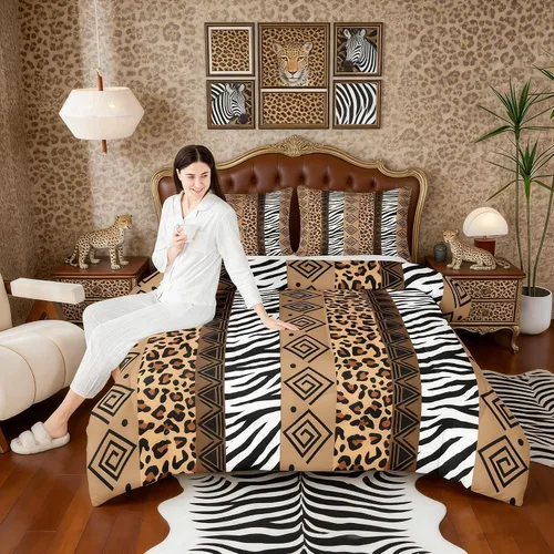 Miniatura 24 de Castle Fairy Juego de edredón con estampado de leopardo rosa y negro, juego de colcha de retazos de piel de cebra, tamaño King, para niños, niñas