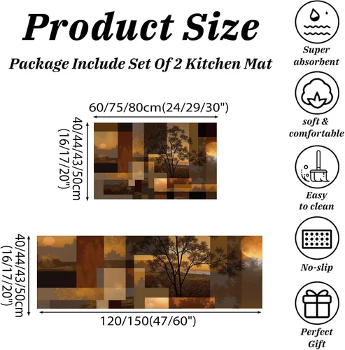 Miniatura 2 de Retro Sunset Forest Kitchen Mats, Abstract Geometry Kitchen Rugs Set of 2, Rust Brown Washable Floor Carpet, Xmas Decor Mats for Hallways Bathroom