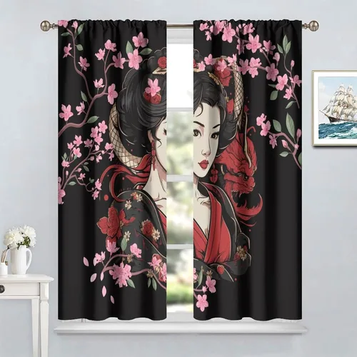 Miniatura 2 de Cortinas de geisha japonesas, flores rosas, ramas de árbol, sexy, glamour, para mujer, encantador, estética, oriental, con bolsillo para barra
