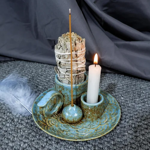 Miniatura 8 de MOUGIGI Quemador/Soporte de Palo Santo de Cerámica 5 en 1 Azul - Pequeño Portavelas y Bandeja/Cuenco para Quemar Sahumerios, Compatible con Plato