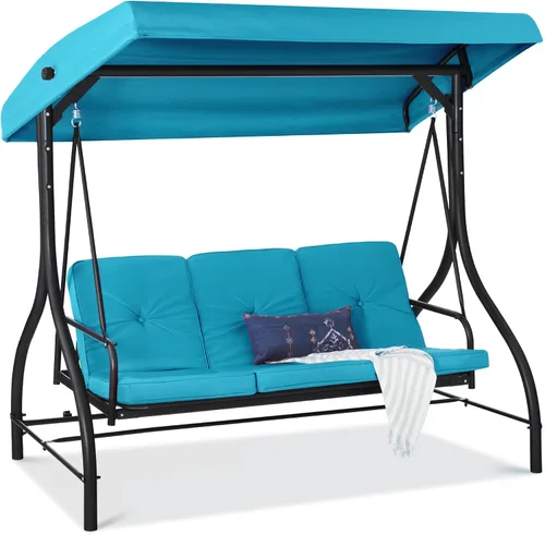 Miniatura 10 de Best Choice Products Columpio Deslizante con Toldo Convertible Grande de 3 Asientos para Exteriores, Hamaca de Patio, Silla de Descanso para Porche