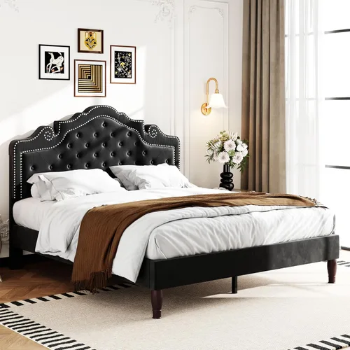WEEWAY Base de cama de plataforma de tamaño matrimonial con tiara ajustable de terciopelo, cabecero curvado y alta resistencia, botón tapizado de