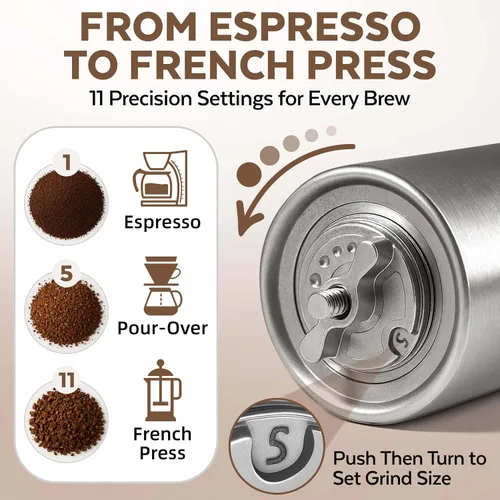 Miniatura 4 de ZaksCoffee - Molinillo de café manual con núcleo de acero inoxidable, molinillo de café de mano con 11 ajustes ajustables, mango y perilla