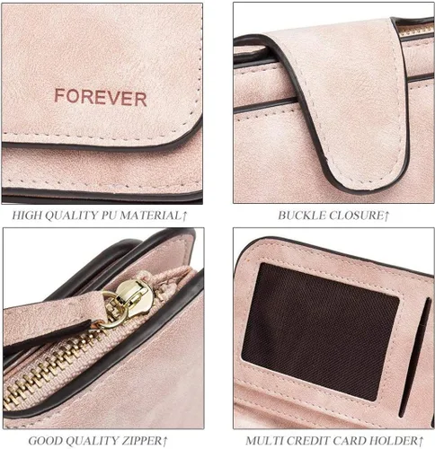 Miniatura 8 de KELEEL Cartera de cuero para mujer, monedero de embrague para tarjetas de crédito, soporte para monedas, plegable, Rosado, Classic