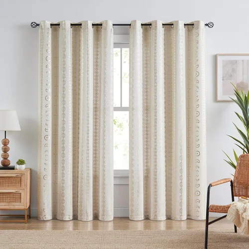 Miniatura 9 de SXZJTEX Cortinas de lino dorado para sala de estar, cortinas bohemias étnicas tribales geométricas celestiales con filtro de luz de 63 pulgadas