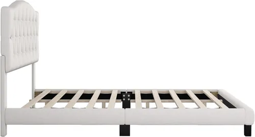 Miniatura 9 de DSHADE Base de cama Queen con plataforma tapizada de lino moderno, base de cama de madera maciza beige con cabecero, detalles capitoné de diamante
