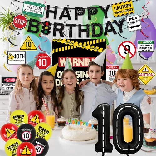 Miniatura 7 de Roetyce Decoraciones de cumpleaños número 10 para niños y niñas, pancarta negra de un dígito con la frase "I'm 10", globos colgantes en espirales