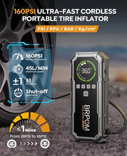 Miniatura 5 de Arrancador de batería con compresor de aire, BRPOM 8000A arrancador de batería portátil para automóvil (todo gasolina/12L diésel), paquete