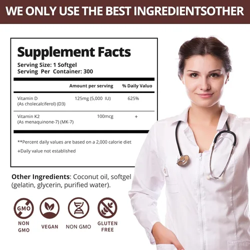Miniatura 7 de 300 unidades de vitamina D3 K2 5000 UI + 100 mcg, aceite de coco, sin gluten, sin OGM, sin soja