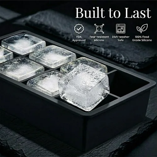 Miniatura 4 de Bandeja grande de silicona para cubitos de hielo, paquete de 3 bandejas para 8 cubos cuadrados con cubo grande, cuchara, pinza y 2 pajitas SS, molde