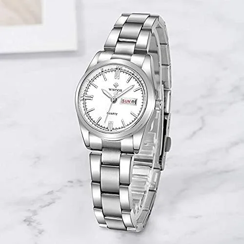 Miniatura 2 de MASTOP Reloj clásico de moda para mujer, resistente al agua, acero inoxidable, redondo, fecha, analógico, cuarzo, vestido, Blanco, Movimiento