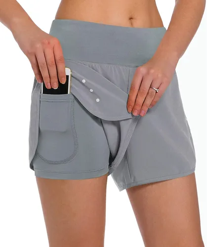 Miniatura 10 de Ksmien - Pantalones cortos de correr 2 en 1 para mujer, ligeros, para entrenamiento, gimnasio, yoga, forro con bolsillos para teléfono
