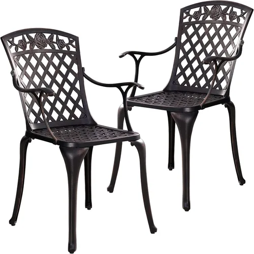 Juego de 2 sillas de patio de aluminio fundido, sillas de comedor al aire libre con respaldo alto, sillas de patio de metal, sillas de bistró para