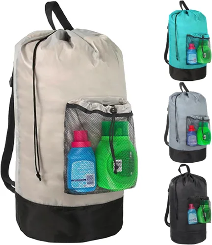 Miniatura 11 de Bolsa de lavandería con correas para el hombro y bolsillo de malla, mochila de lavandería grande portátil para lavandería universitaria, apartamento