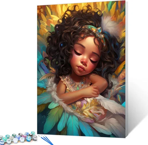 Tucocoo Little Black Girl - Pintura por números para adultos, plumas verdes, lienzo acrílico, pintura al óleo, pintura al óleo, manualidades, rizos