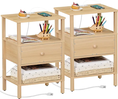 Miniatura 10 de Lerliuo Mesita de noche con estación de carga y puertos USB, mesa auxiliar de almacenamiento de 3 niveles con cajón y estante, mesita de noche