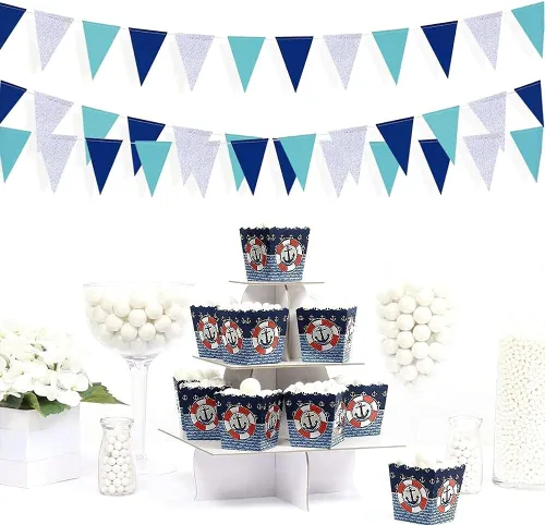 Miniatura 3 de Decoración de fiesta azul marino plateado de 30 pies, banderines triangulares, bandera triangular, guirnalda de papel colgante para cumpleaños, baby