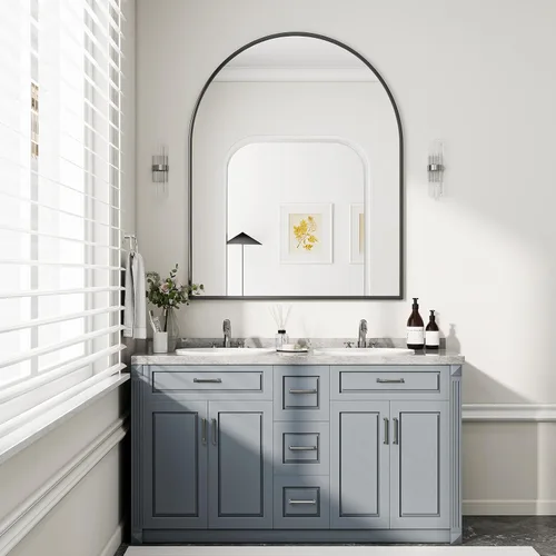 Miniatura 18 de BEAUTYPEAK Espejo de baño de arco de 20 x 30 pulgadas, espejo de pared con marco de metal para dormitorio, entrada, sala de estar, plateado Plata