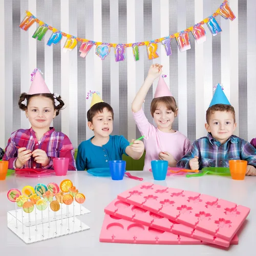 Miniatura 7 de Kit de 304 moldes de silicona para piruletas, moldes de caramelo rosa con 15 agujeros, soporte acrílico, palitos de 100P, bolsas, corbatas