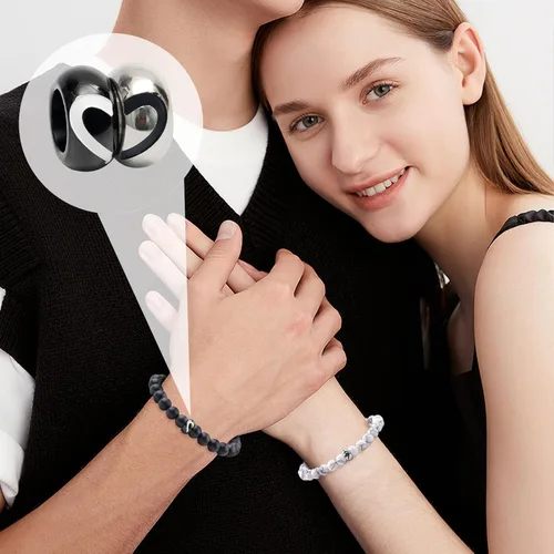 Miniatura 51 de 2 pulseras magnéticas para parejas, piedra natural negra mate, cristal para votos de amor eterno, juego de pulseras de cuentas de piedra de energía