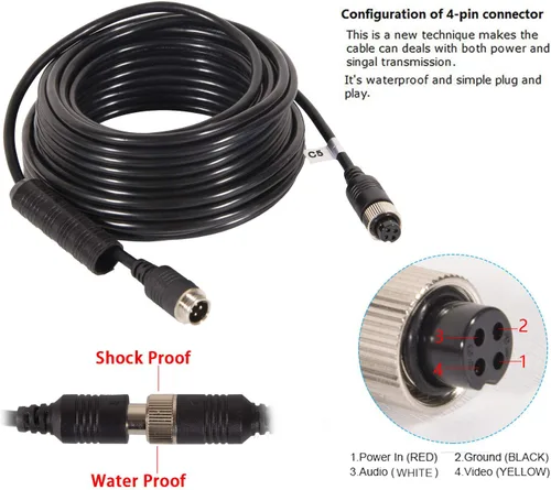 Miniatura 3 de DALLUX Cable de cámara de respaldo de 4 pines, cable de extensión de aviación de energía de video para vehículo, automóvil, cámper, autobús