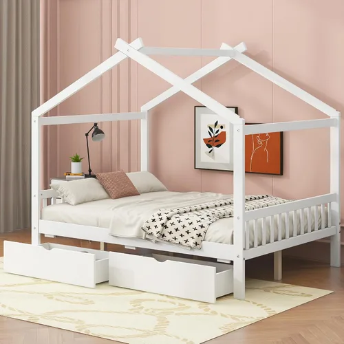 Miniatura 29 de JIVOIT Cama de plataforma de madera con dos cajones, cama de casa tamaño individual con diseño de techo, patas de pino macizo, cabecera y estribo