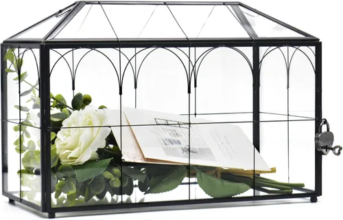 Miniatura 7 de Caja grande de tarjetas negra y de vidrio para boda con cerradura y ranura, tarjetero para sobres de boda para recepción, caja de cerradura