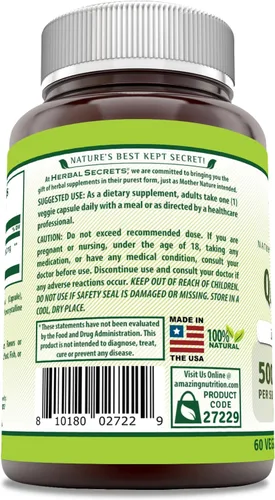 Miniatura 3 de Herbal Secrets Suplemento de quercetina de 500 mg Sin OMG Sin gluten Fabricado en Estados Unidos (1 paquete, 60 unidades)