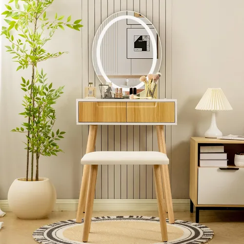 Tocador pequeño con espejo y luces, tiradores de madera con taburete acolchado, 3 modos de iluminación, mesa redonda de maquillaje con rieles