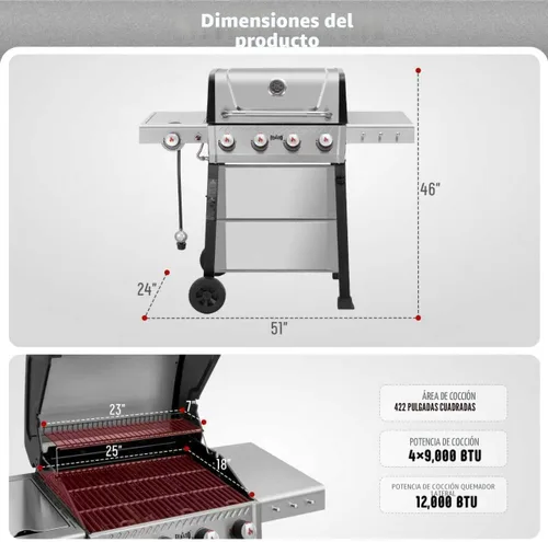 Miniatura 3 de Feasto Parrilla de gas con quemadores 4+1 totalmente de acero inoxidable, parrilla de propano para exteriores con cuerpo de cámara recubierto