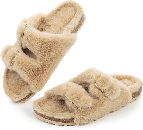 FITORY - Pantuflas de punta abierta para mujer, con acogedor forro interior, sandalia con piel de conejo sintética y corcho, tallas de la 6 a la 11
