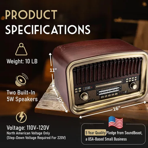 Miniatura 6 de SoundBeast Radio Todo en Uno AM/FM con Reproductor de CD, Entrada Bluetooth, Reproducción y Grabación USB, Reproducción de Tarjeta SD, Entrada