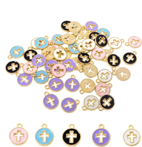 Honbay 50 dijes de cruz esmaltada, colgantes redondos de crucifijo de aleación, para aretes, collares, pulseras, llaveros, joyería, manualidades (5