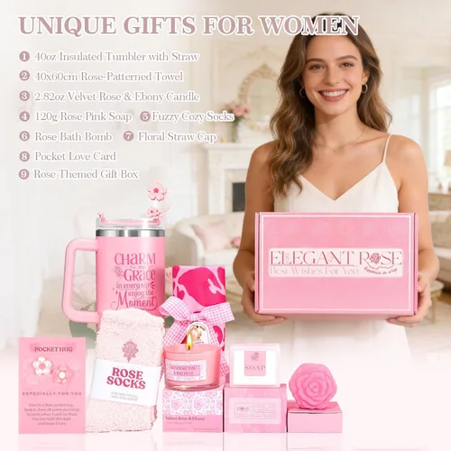 Miniatura 3 de Set de regalo de regalo de color rosa para mujer, caja de regalo de cumpleaños rosa para mujeres, cesta de regalo de spa para mamá, hermana, mejor