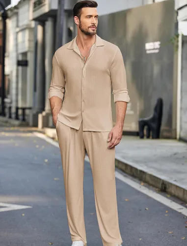 Miniatura 2 de COOFANDY Conjunto de 2 piezas para hombre, de manga larga, casual, con botones, camisa y pantalones, Camello